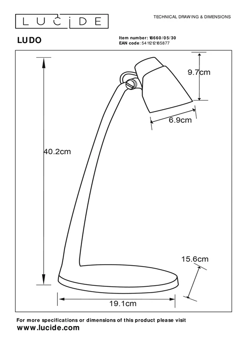 Lucide LUDO - Bureaulamp - LED - 1x4,5W 3000K - Zwart - technisch